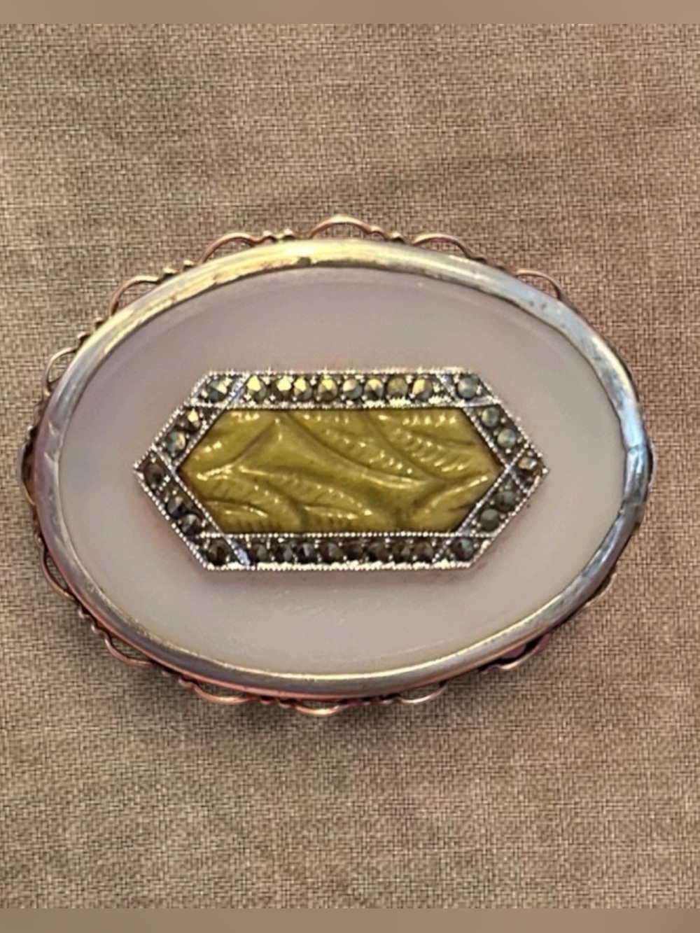 Antique Silver Chalcedony, Connemara Marble, Marcasite Brooch c. 1895–1915